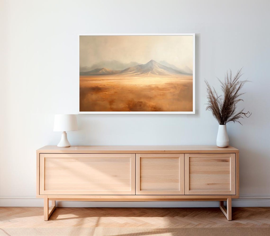 Misty Neutral Desert Mountains Minimal Abstract Landscape Wall Art - Image 2