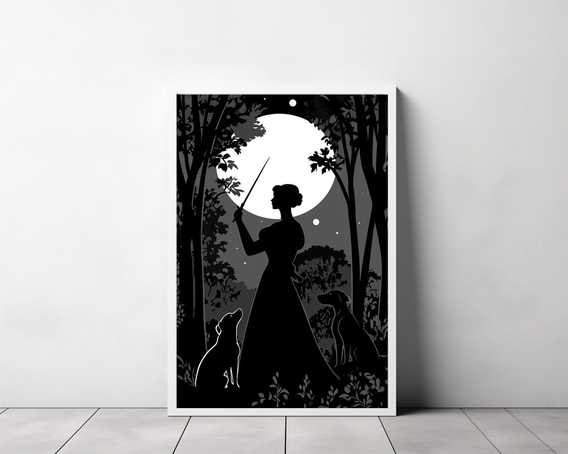 Hecate Moon Witch Silhouette Raising Torch Night Forest Art Poster - Image 3