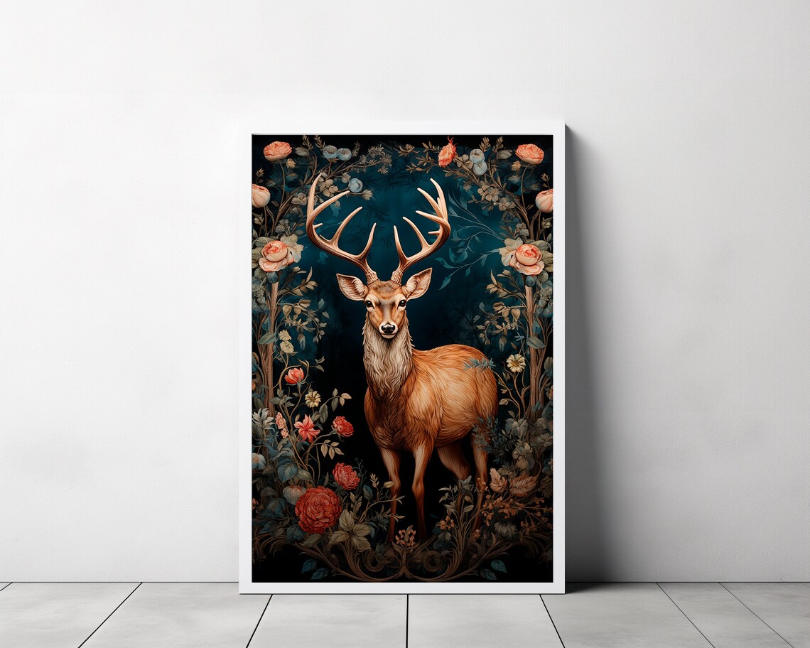 Majestic Stag with Antlers in a Dark Vintage Floral Garden Poster - Image 3