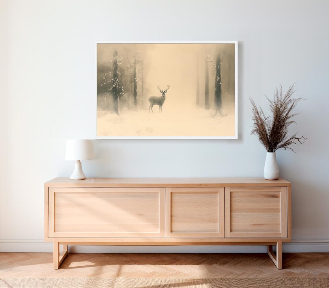 Deer In Misty Winter Forest Foggy Neutral Wildlife Painting Poster - Image 2