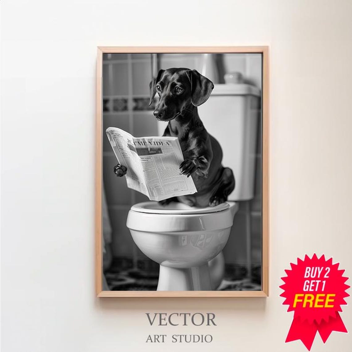Dachshund Reading The Newspaper On The Toilet Funny B&W Poster
