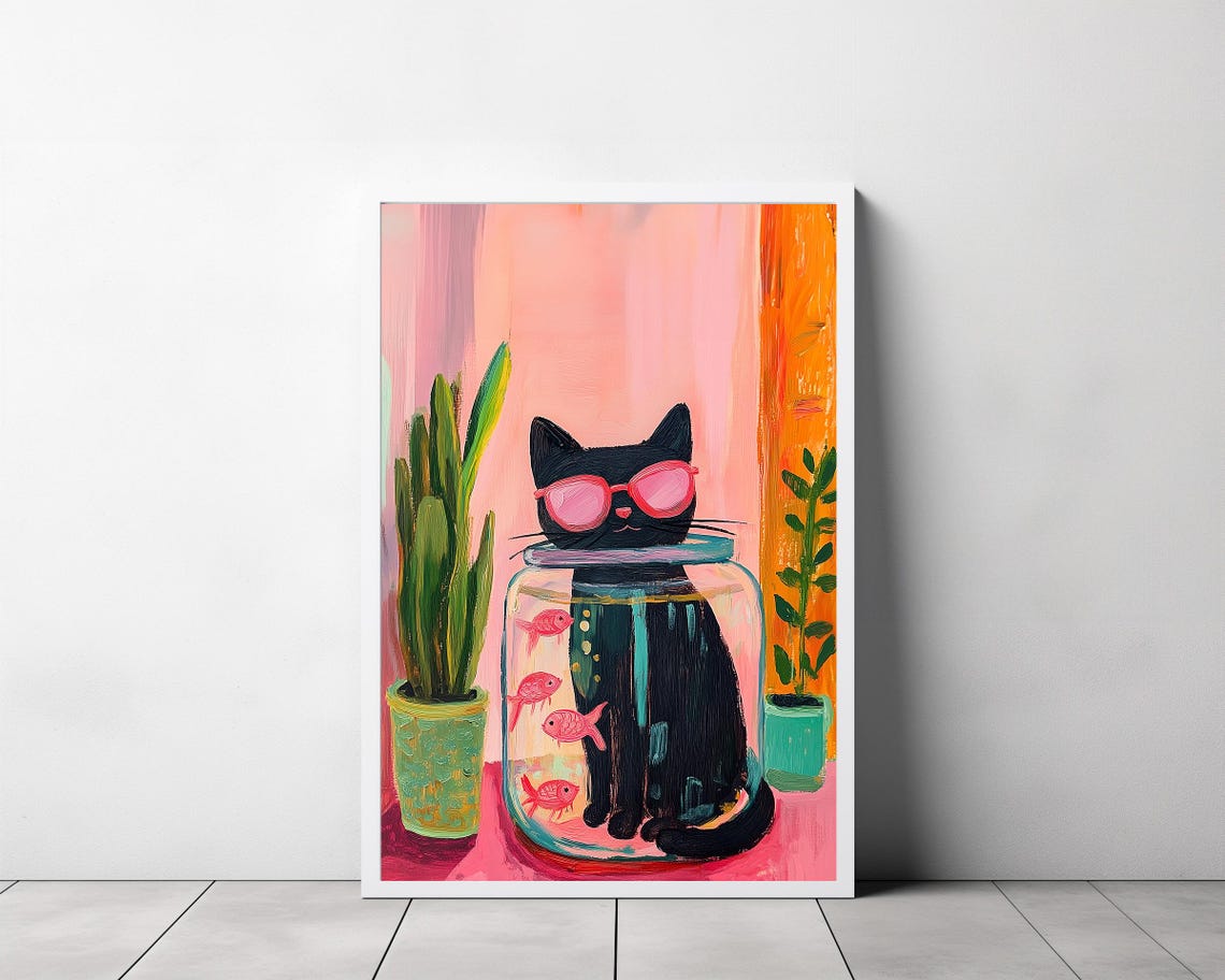 Playful Black Cat Wearing Pink Sunglasses Inside a Fish Bowl Poster - Image 3