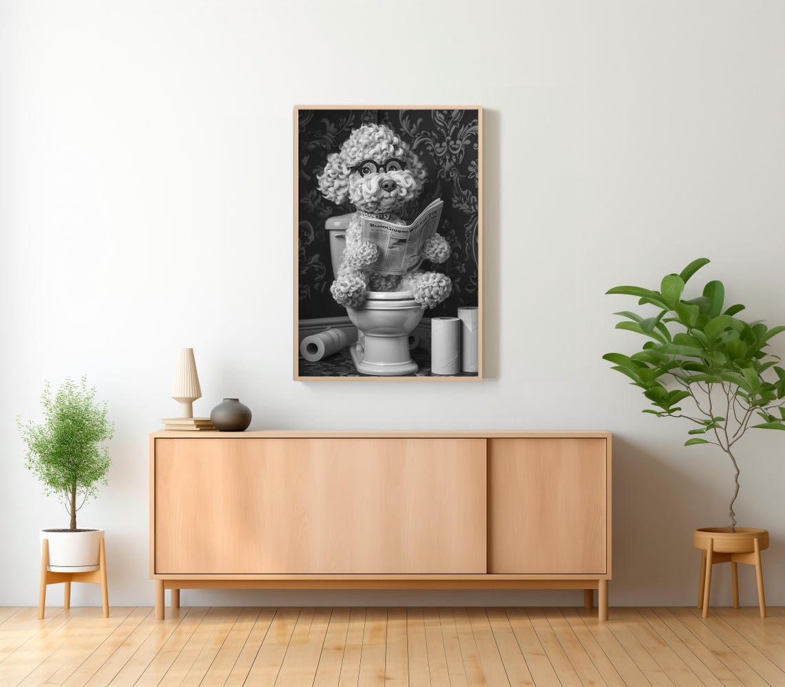 Funny Black and White Cockapoo Reading Newspaper on Toilet Poster - Image 2