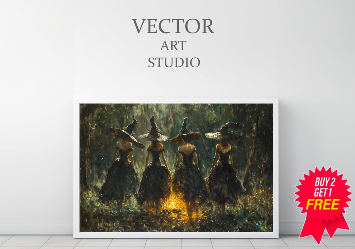 Witches Walking Away into Dark Forest Glowing Witchy Halloween Poster - Image 3