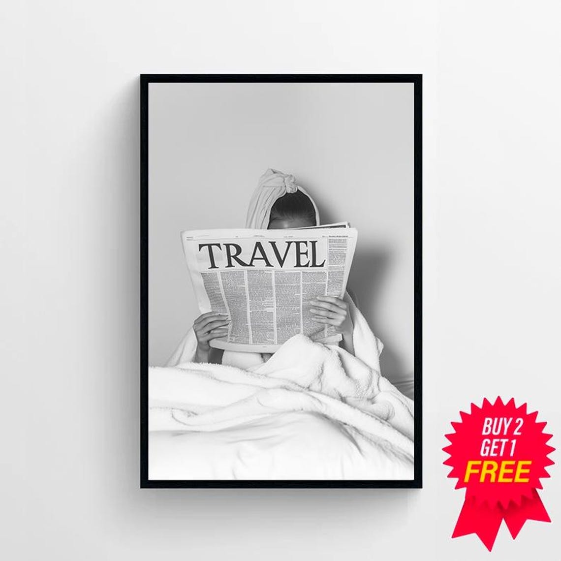Woman Reading Travel Newspaper In Bed Minimalist Black White Poster - Image 4