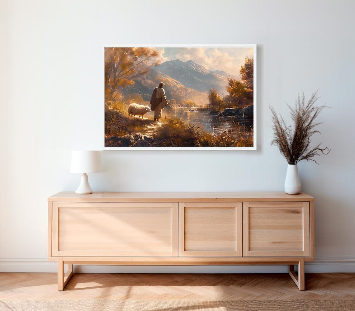 Jesus with a Sheep Beside a Golden Autumn Mountain River Poster - Image 2