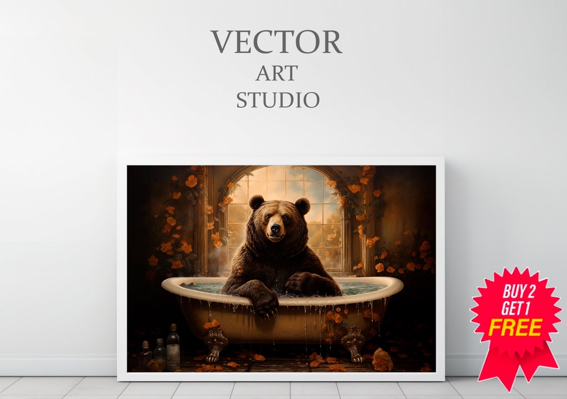 Brown Bear in Vintage Bathtub by Arched Window Funny Animal Art Poster - Image 3