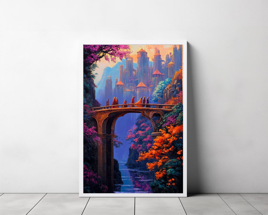 Fantasy Castle Stone Bridge Fellowship Waterfall Scene Art Poster - Image 3