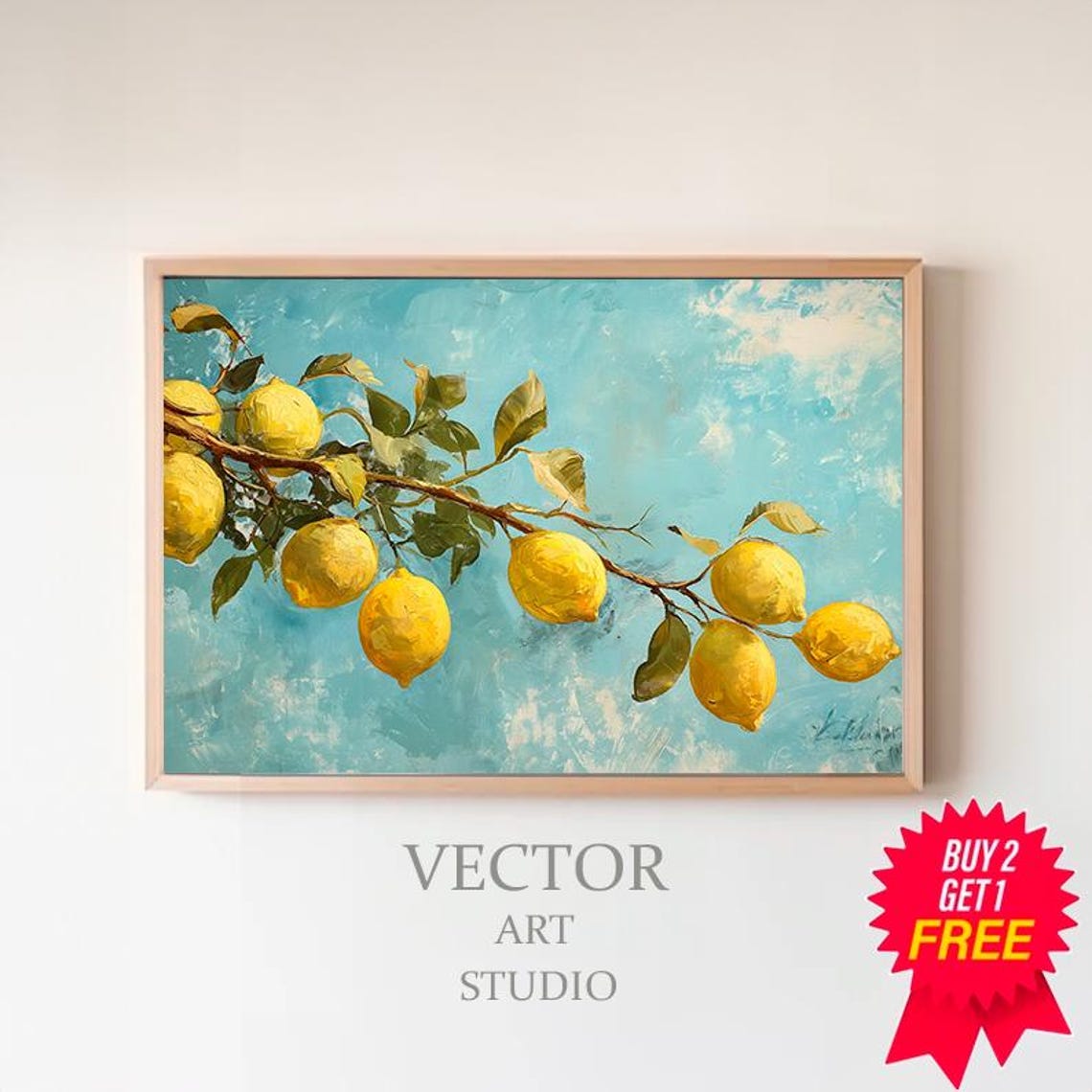Vintage Mediterranean Lemon Branch on a Turquoise Background Poster