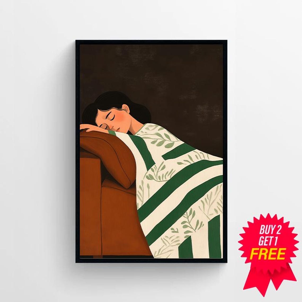 Woman Sleeping Rust Couch Green Stripe Throw Illustration Poster - Image 4