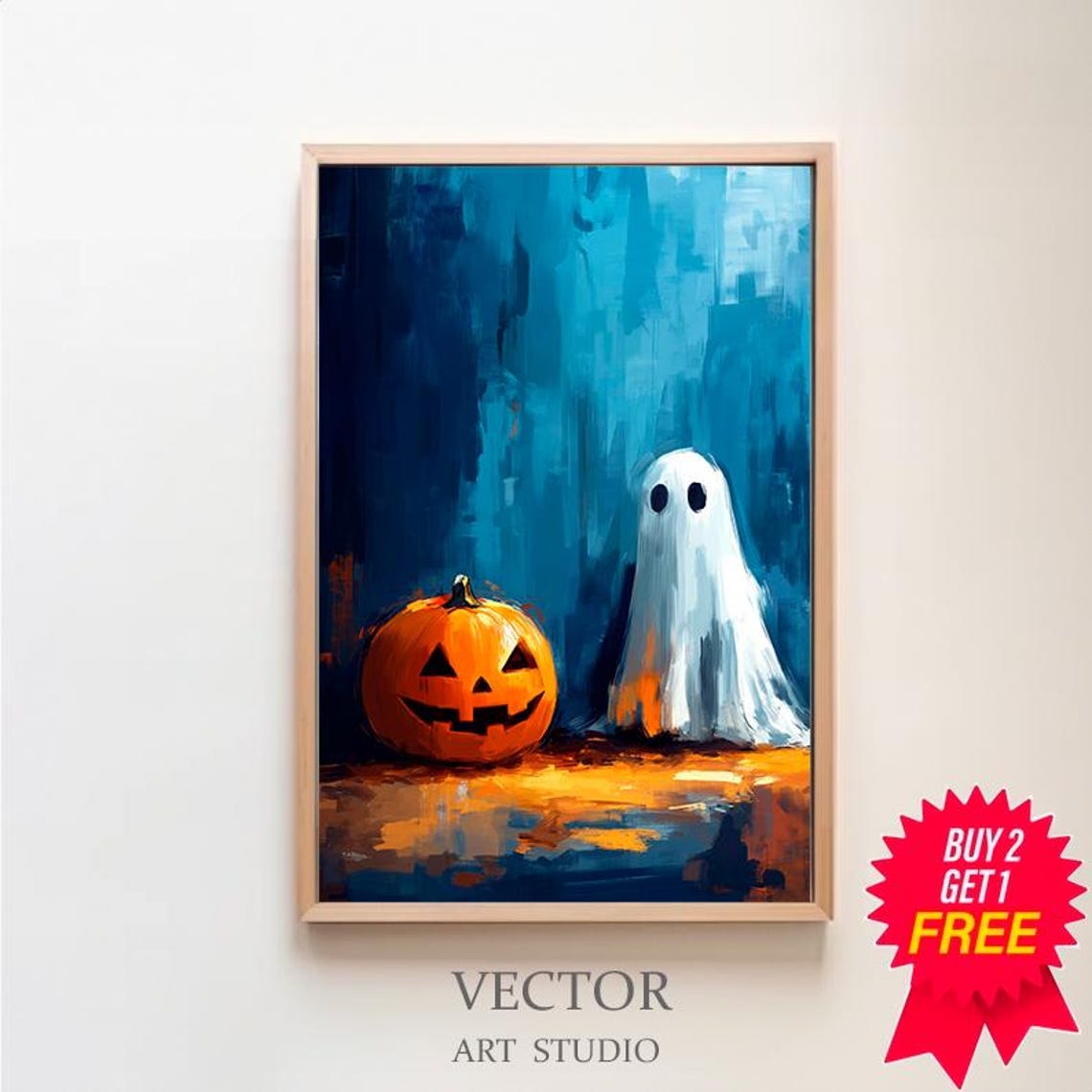 Jack-o-Lantern Pumpkin With Sheet Ghost Painterly Night Poster