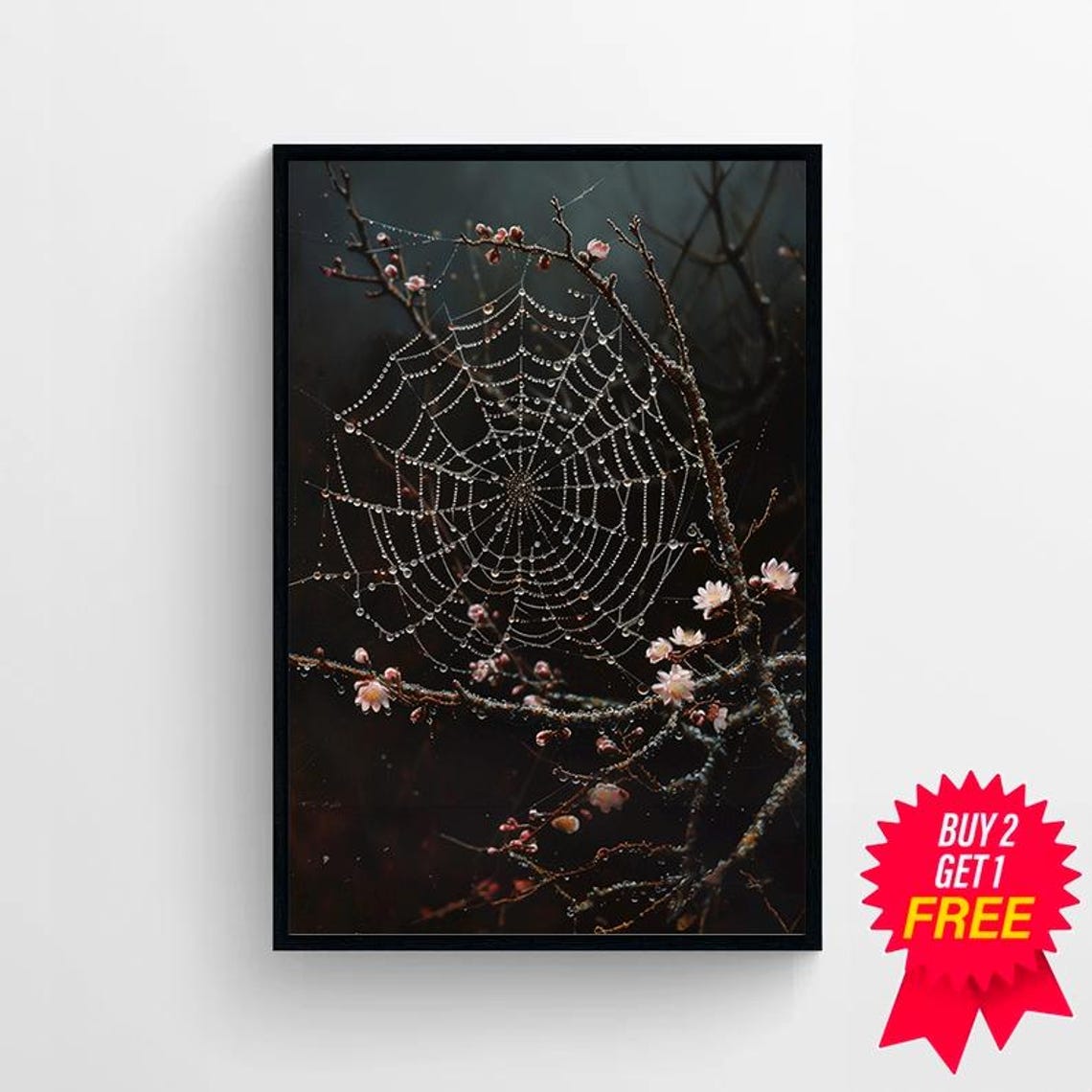 Dewy Spider Web Glinting on Blossoming Branches Moody Poster - Image 4