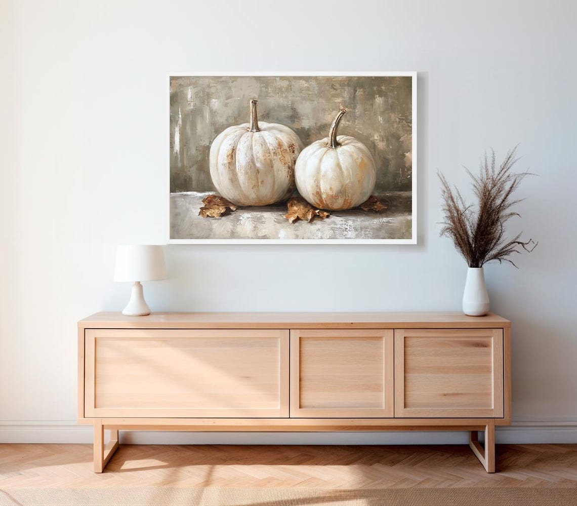 Two White Pumpkins with Autumn Leaves Farmhouse Fall Still Life Poster - Image 2