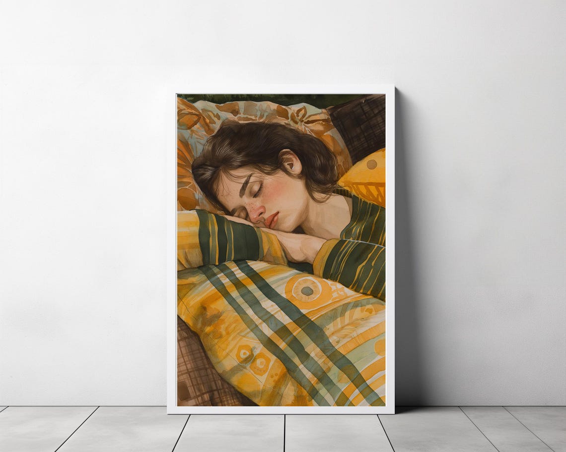 Woman Sleeping Peacefully Under a Patterned Green Quilt Poster - Image 3