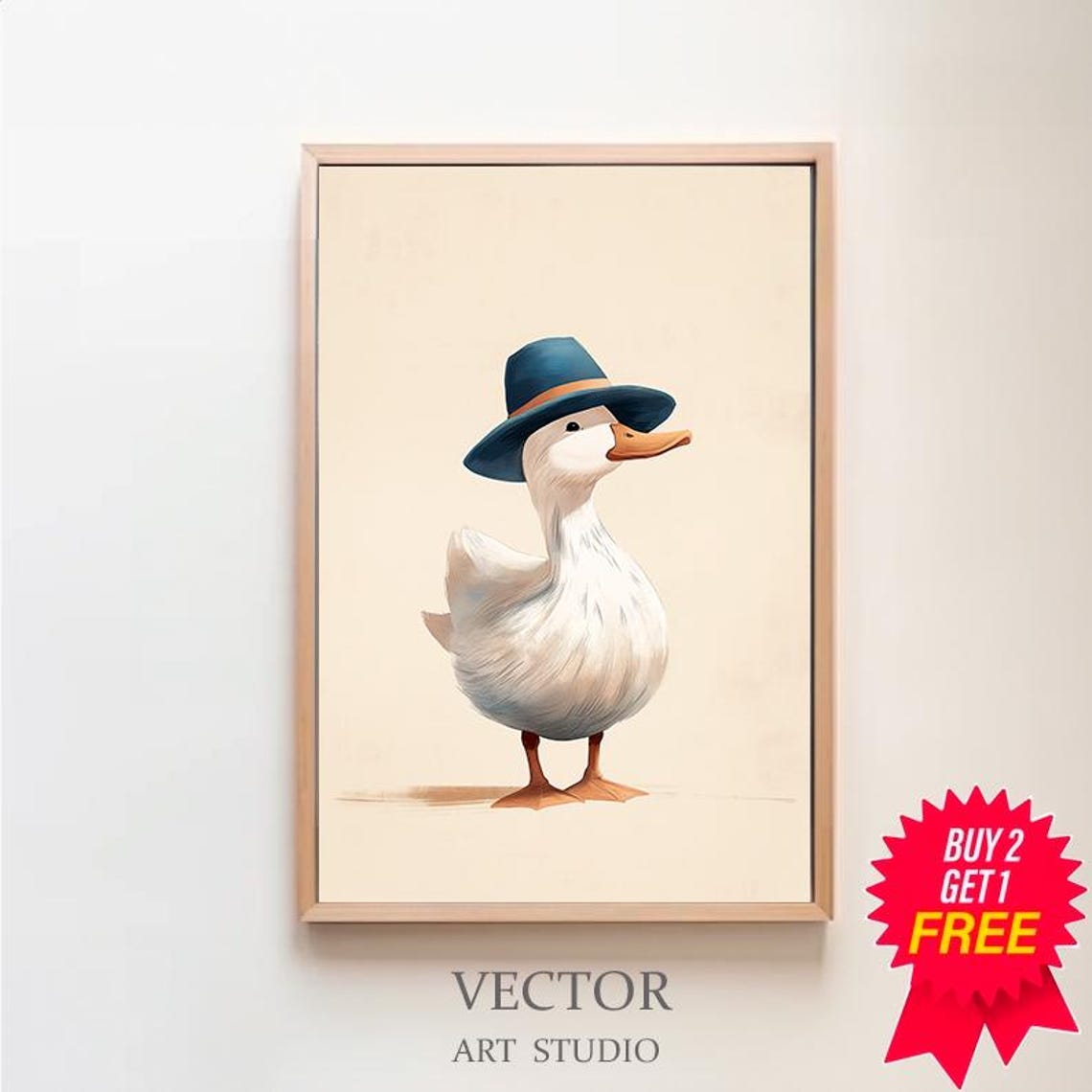 Charming White Duck Wearing a Blue Fedora Hat Cute Nursery Poster