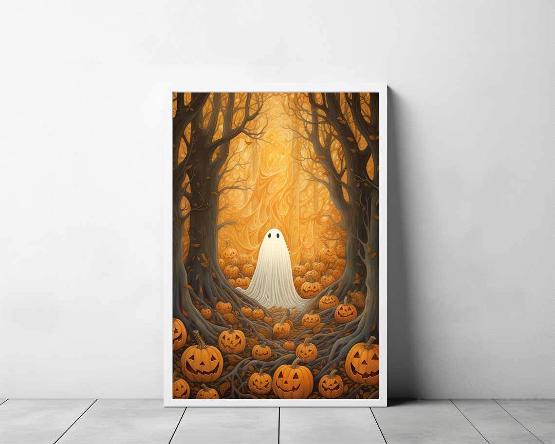 Cute Ghost in Jack O Lantern Pumpkin Patch Spooky Halloween Poster - Image 3