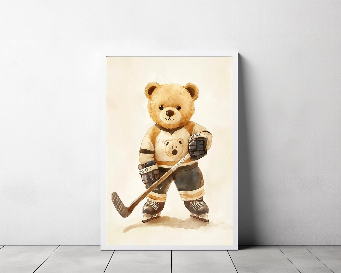 Teddy Bear Playing Hockey, Kids Room Art Print - Image 3