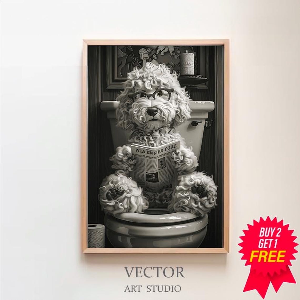 Black and White Funny Cockapoo with Glasses on the Toilet Poster