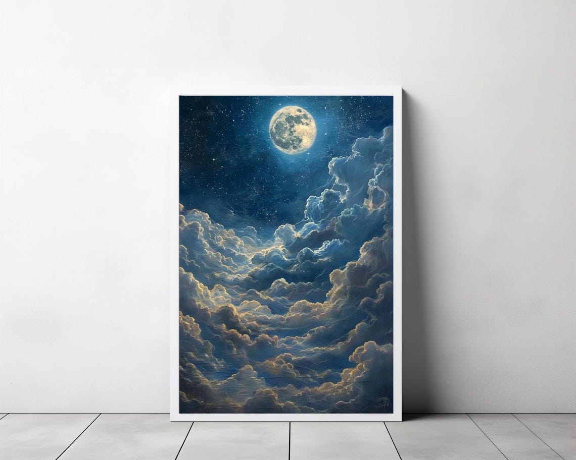 Enchanting Moon Art Print Vintage Inspired Dark Academia Dark Cottagecore Celestial Art Print Night Sky Painting - Image 3
