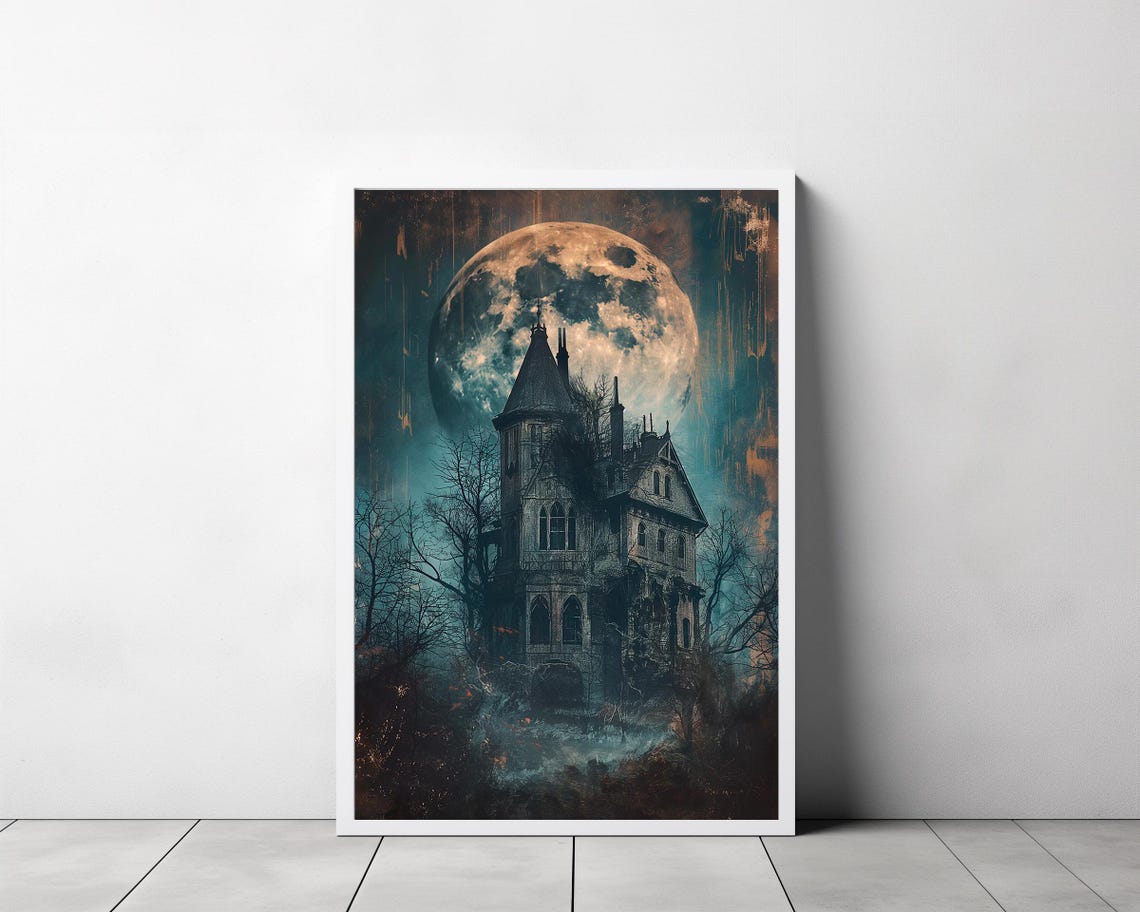 Haunted Victorian Mansion Standing Under A Giant Full Moon Poster - Image 3