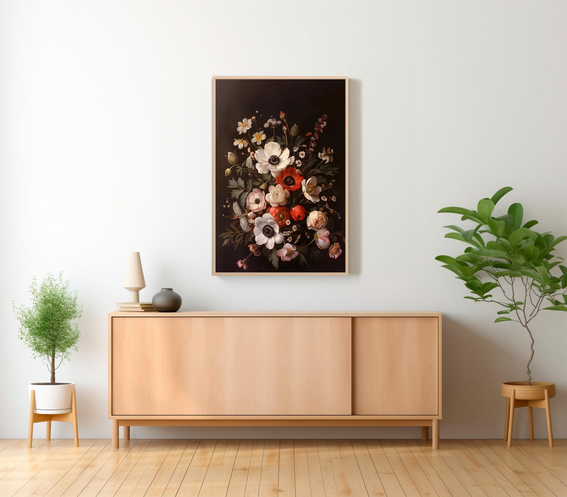 Moody Dark Floral Bouquet White Anemones and Red Poppies Poster - Image 2