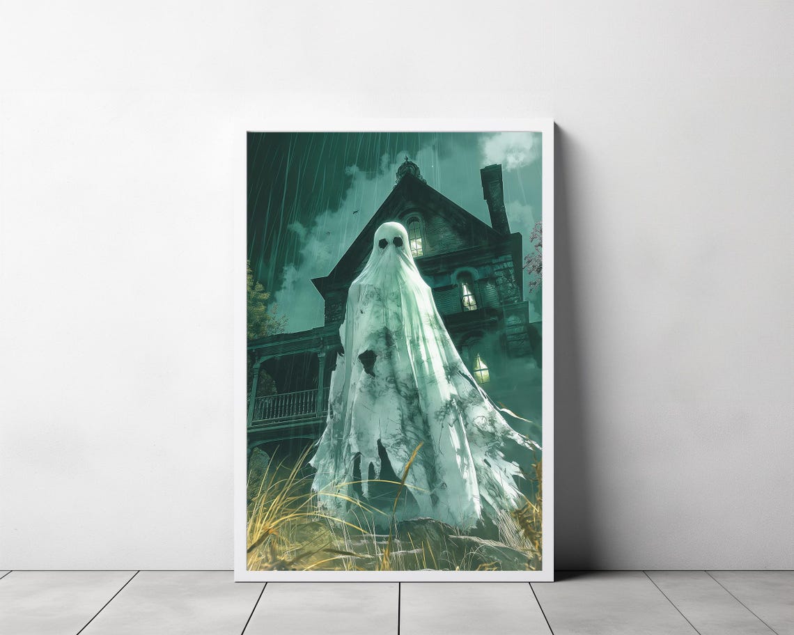 Tall Ghost Before Old Mansion In Stormy Night Spooky Art Poster - Image 3