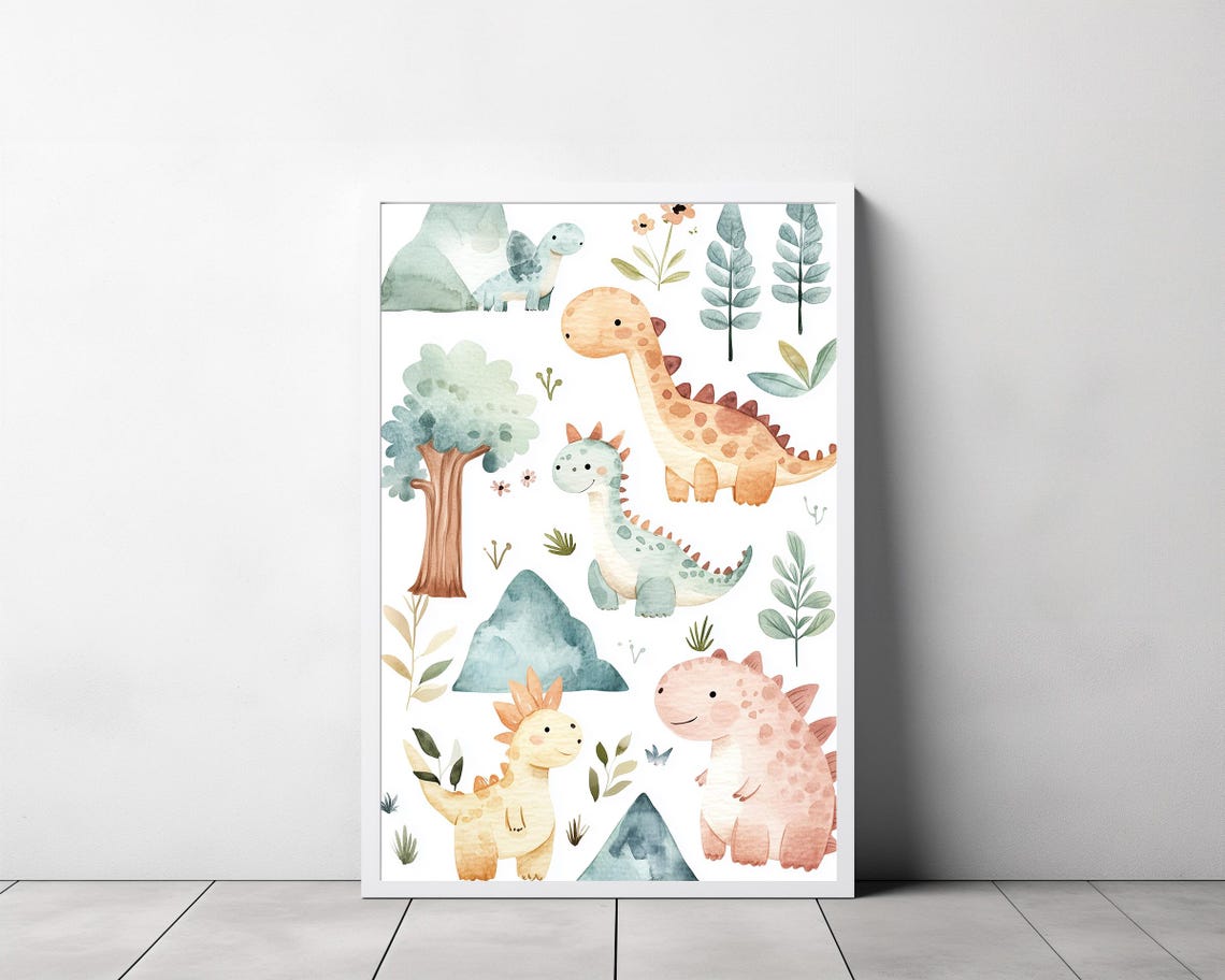 Five Baby Dinosaurs in Soft Pastel Watercolor Nursery Wall Art - Image 3