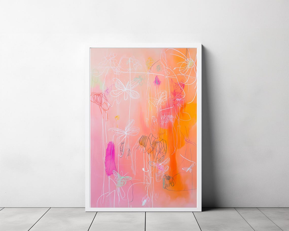 Delicate Line Art Butterflies On A Peach Watercolor Wash Poster - Image 3