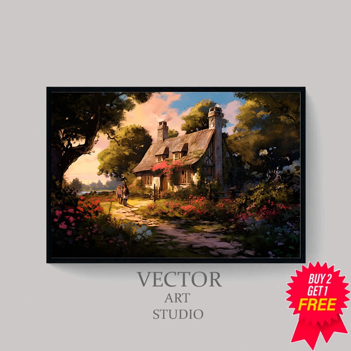 Thatched Cottage at Sunset Surrounded by Roses and Stone Path Poster - Image 4