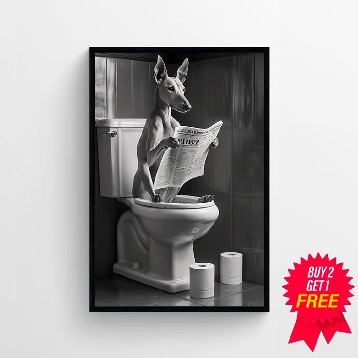 Greyhound Reading His Newspaper on the Toilet Funny Bathroom Poster - Image 4