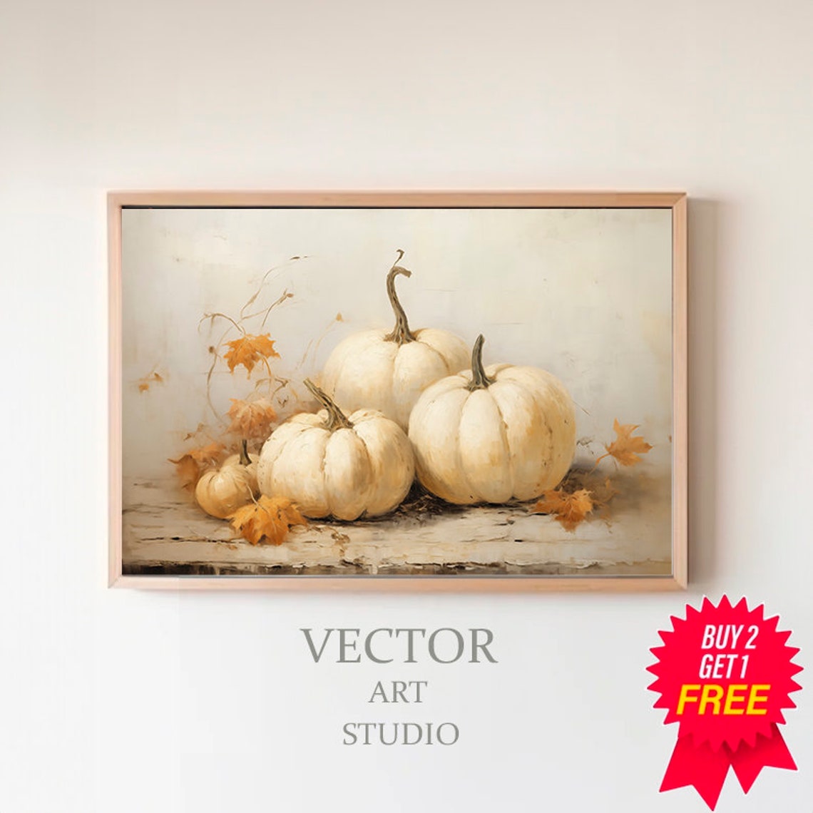 White Pumpkin Still Life with Fall Leaves Rustic Autumn Poster