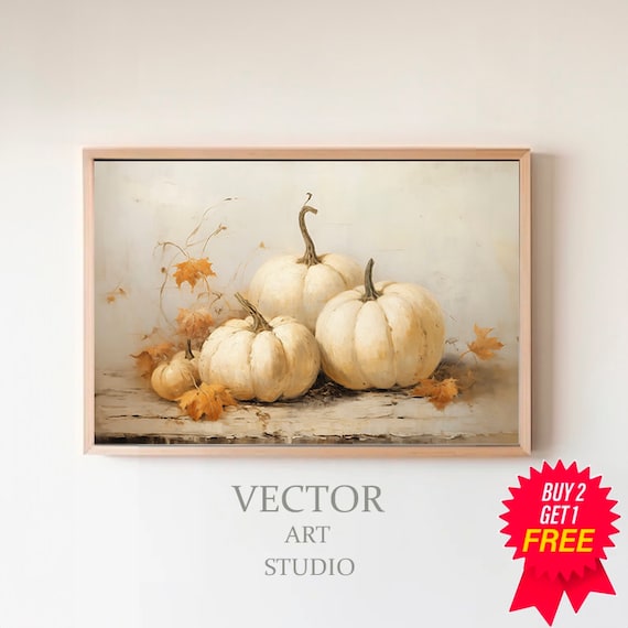 White Pumpkin Still Life with Fall Leaves Rustic Autumn Poster