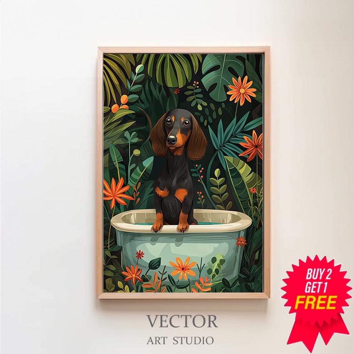 Black and Tan Dachshund Puppy Bath Time Blue Tub Botanical Poster