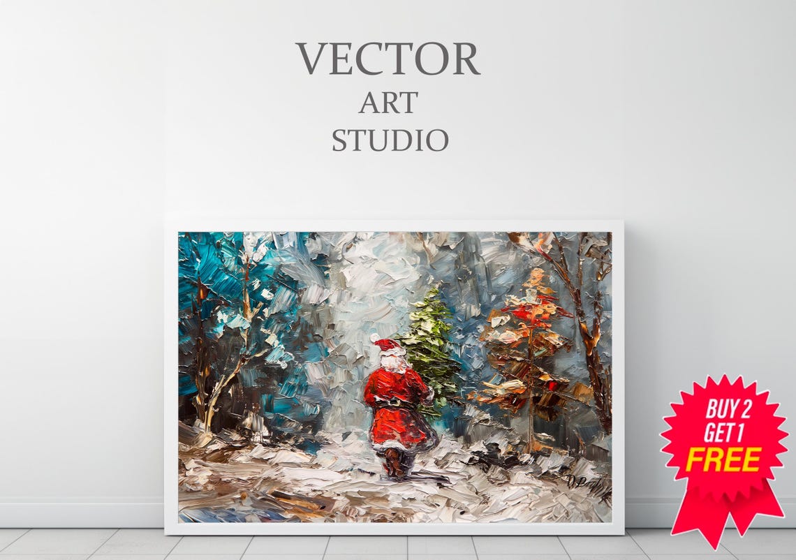 Santa Claus Carrying A Christmas Tree Through Snowy Woods Poster - Image 3