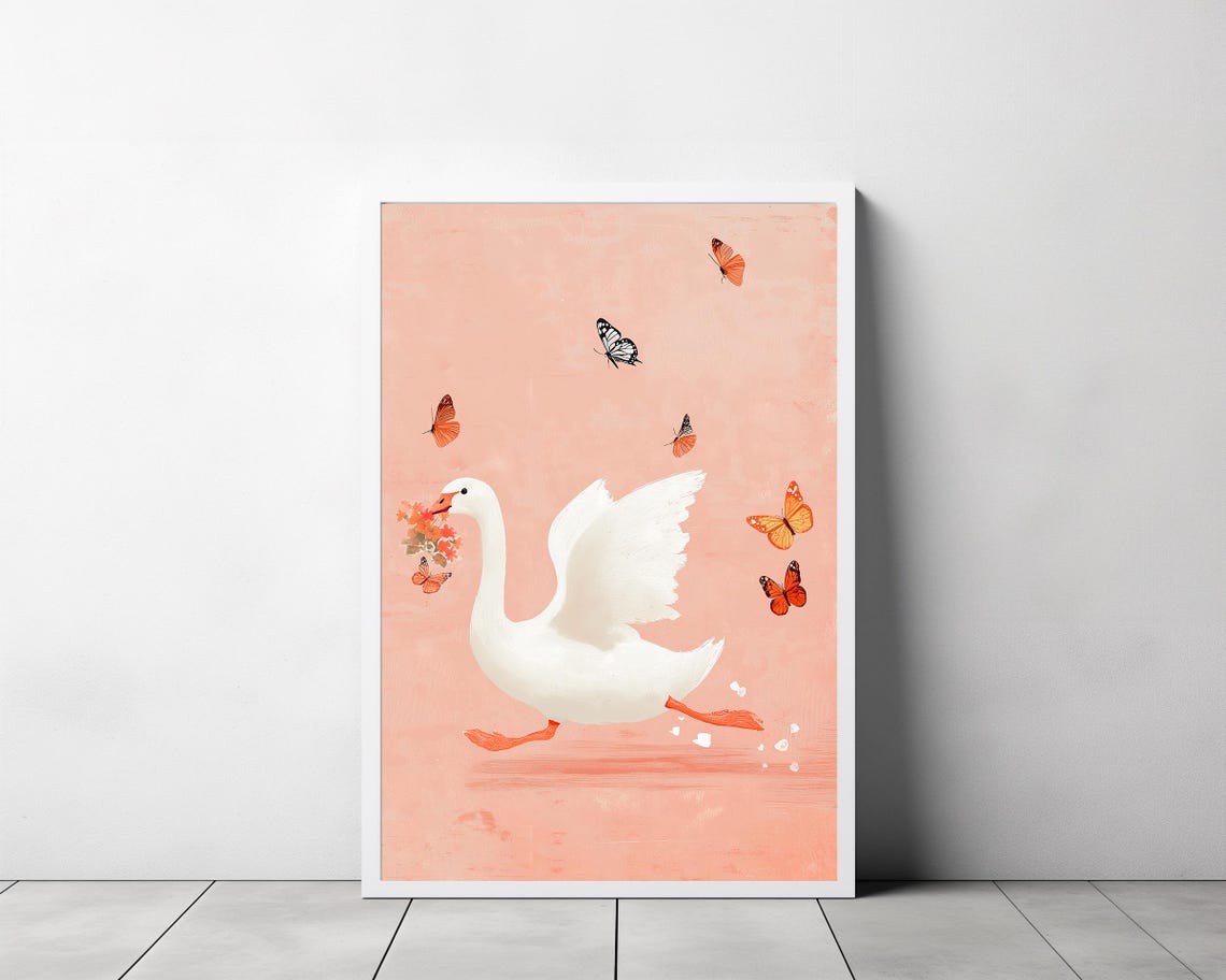 Silly Goose Wall Art Kids Room Print Cute Goose Poster Girl Nursery Decor Beige Farm Animal Girls Room Poster Butterfly Wall Art - Image 3