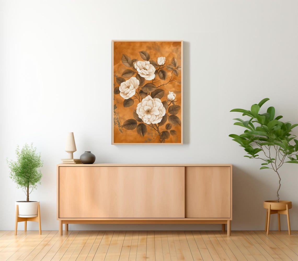 Vintage Cream White Roses Burnt Orange Botanical Floral Poster - Image 2