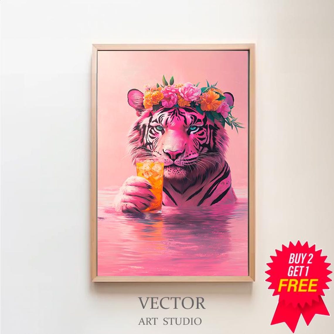 Pink Tiger in Pool with Iced Drink and Flower Crown Painting Poster