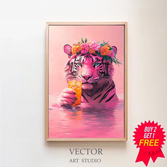 Wall Art Tiger With A Cocktail Maximalist Oil Painting Colorful Trendy Kitsch Vivid Bathroom Print Bold Dopamine Animal Picture
