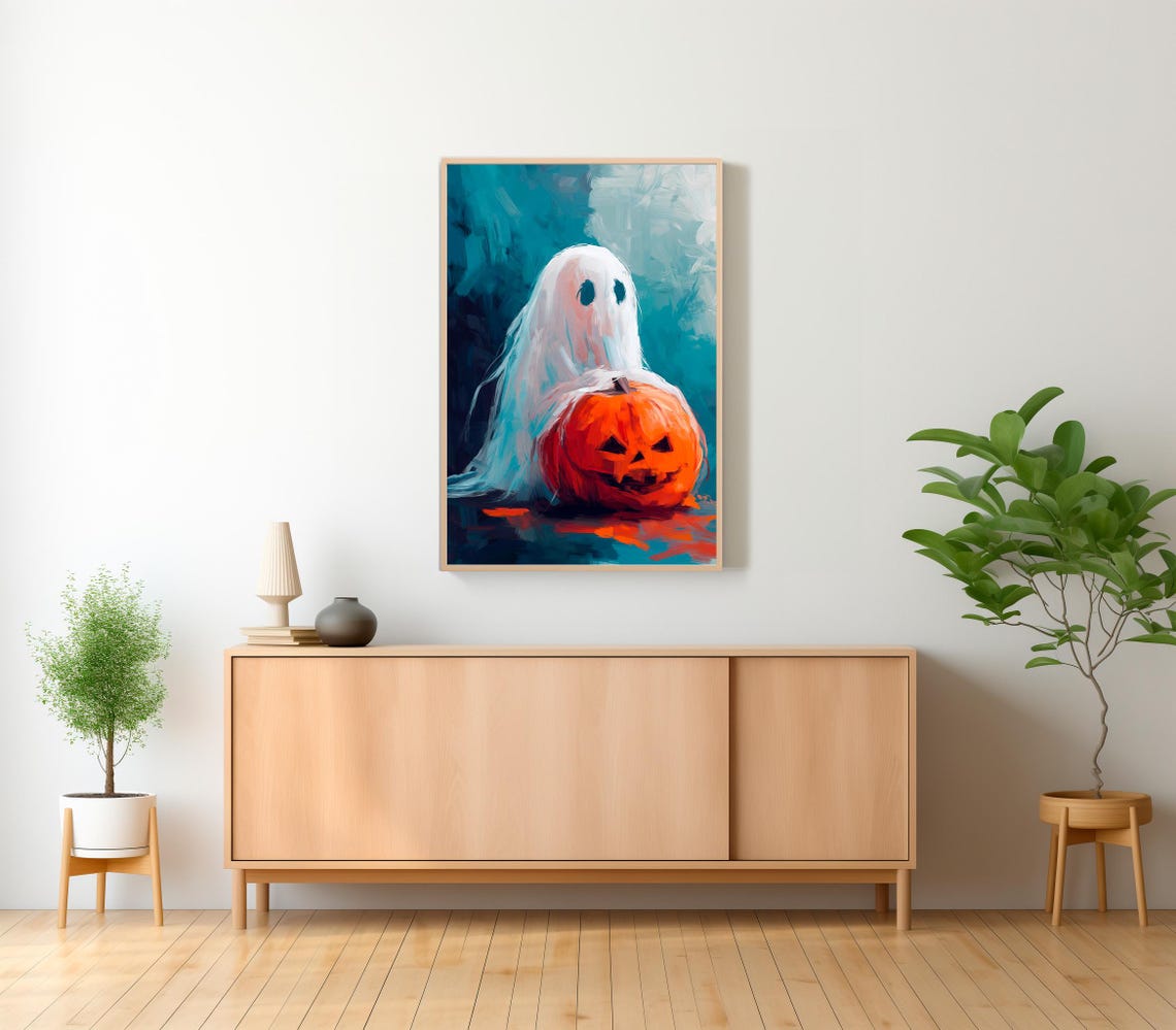 Cute Sheet Ghost Hugging a Jack-o-Lantern Halloween Teal Art Poster - Image 2