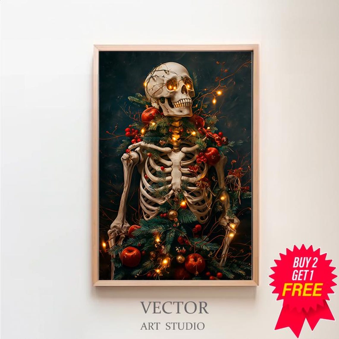 Skeleton Wrapped In Christmas Garland Lights Ornaments Dark Art Poster