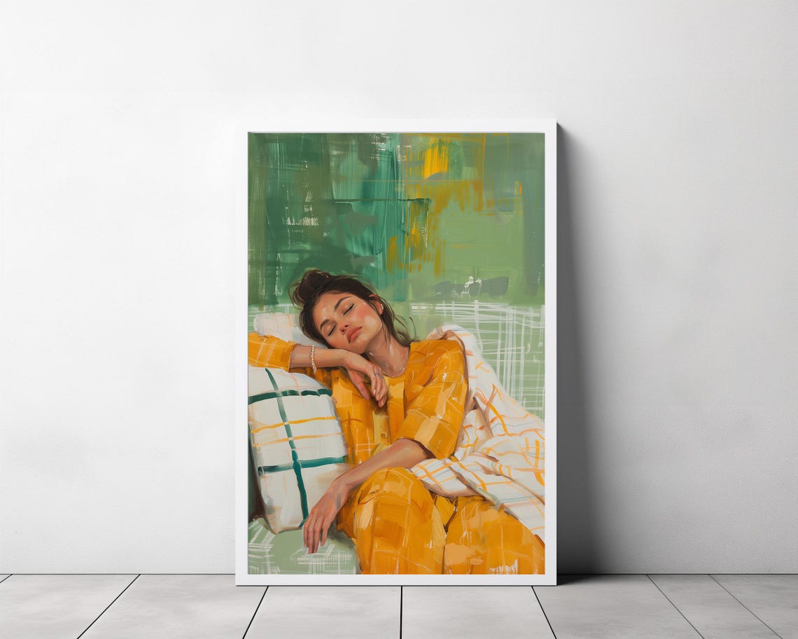 Woman in Mustard Pajamas Resting Peacefully on a Pillow Poster - Image 3