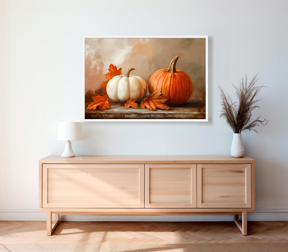 White And Orange Pumpkins With Maple Leaves On A Beige Poster - Image 2