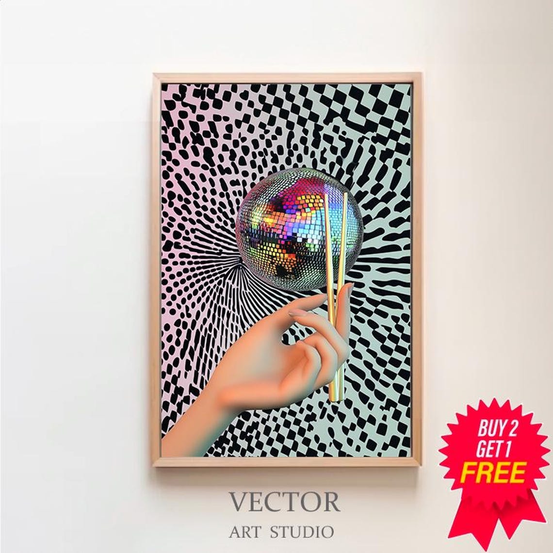 Rainbow Iridescent Disco Ball with Chopsticks Psychedelic Pop Poster