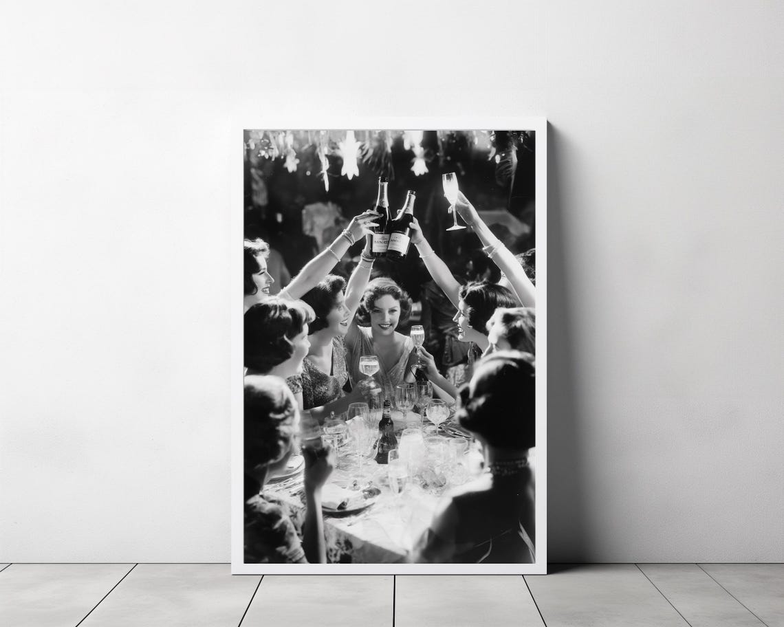 Women Raising Champagne Bottles in Celebration Black and White Poster - Image 3