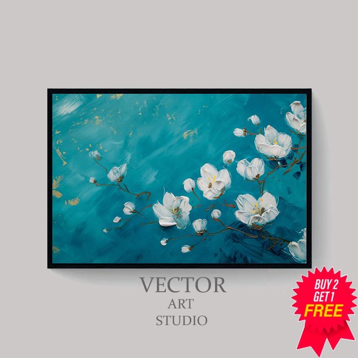 White Magnolia Blossoms On A Deep Teal Background Floral Wall Art - Image 4