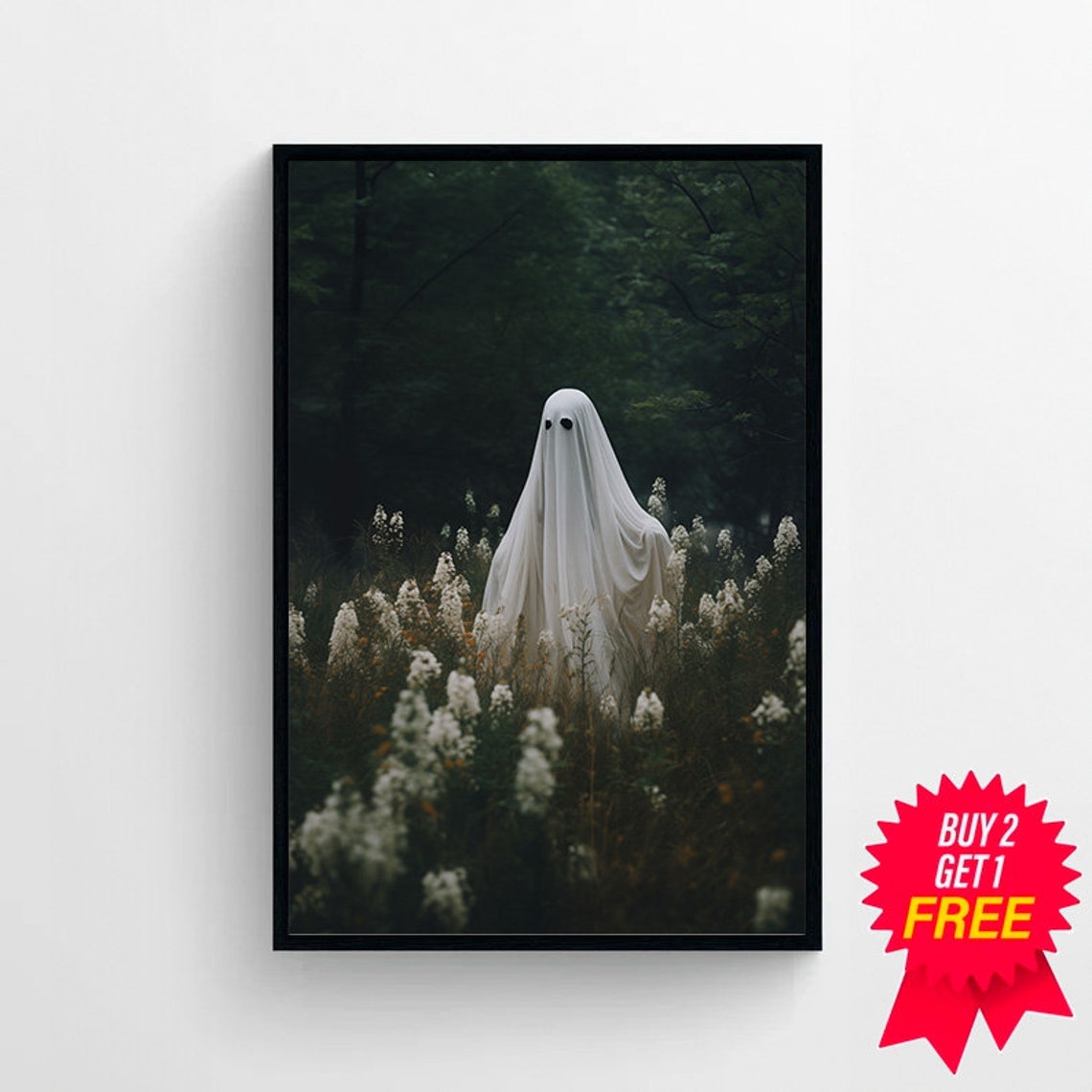 Ghost Standing Among Tall White Wildflowers at a Forest Edge Poster - Image 4