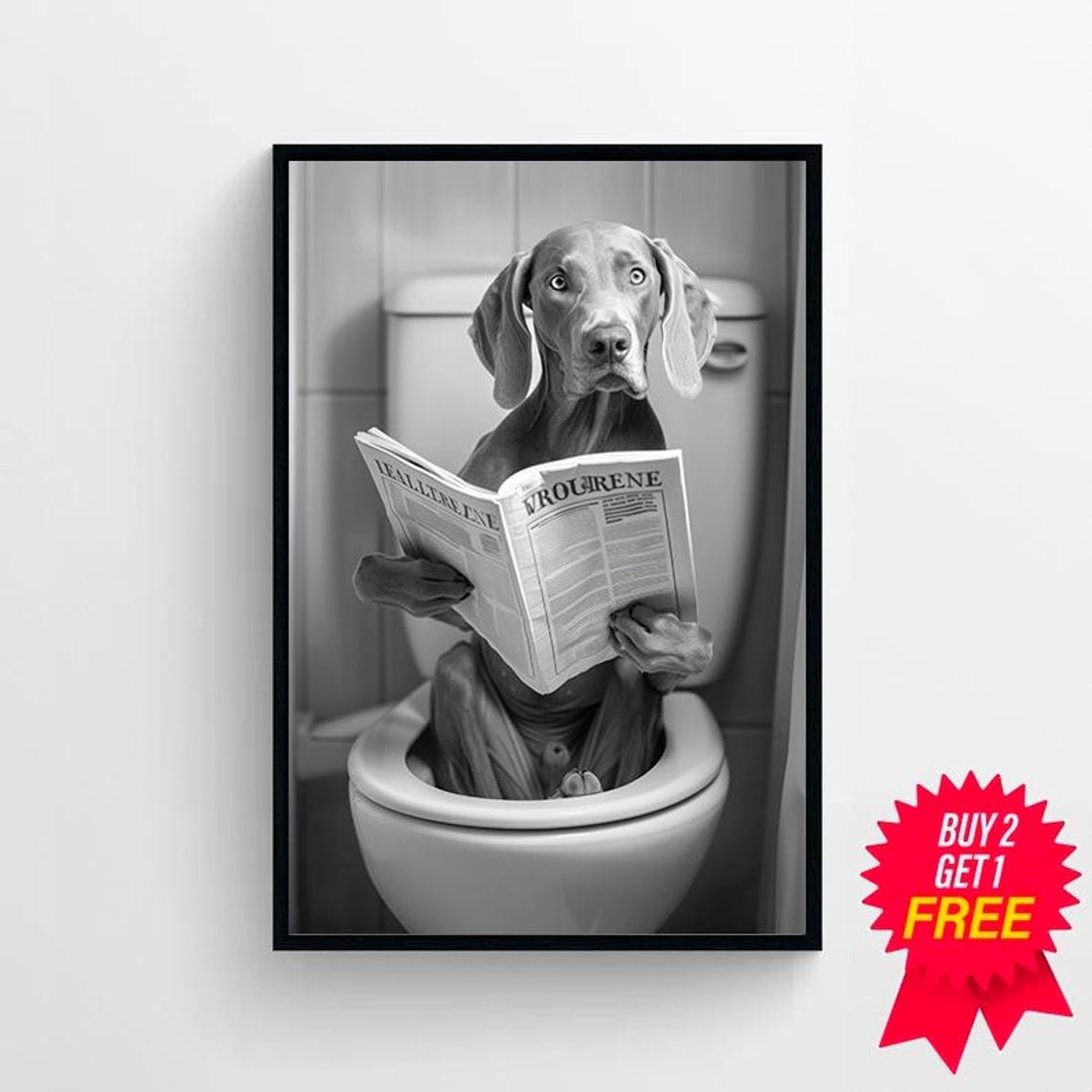 Grey Weimaraner Staring at Camera with Magazine on Toilet Poster - Image 4