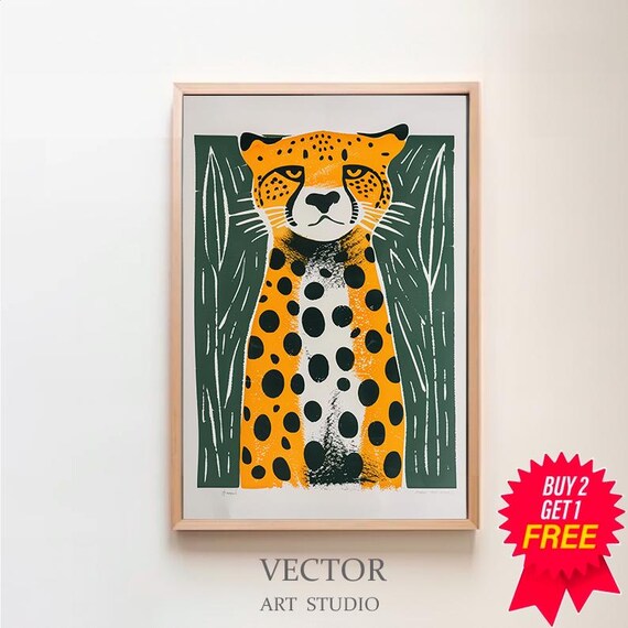 Bold Linocut Cheetah Portrait on a Deep Green Safari Art Poster