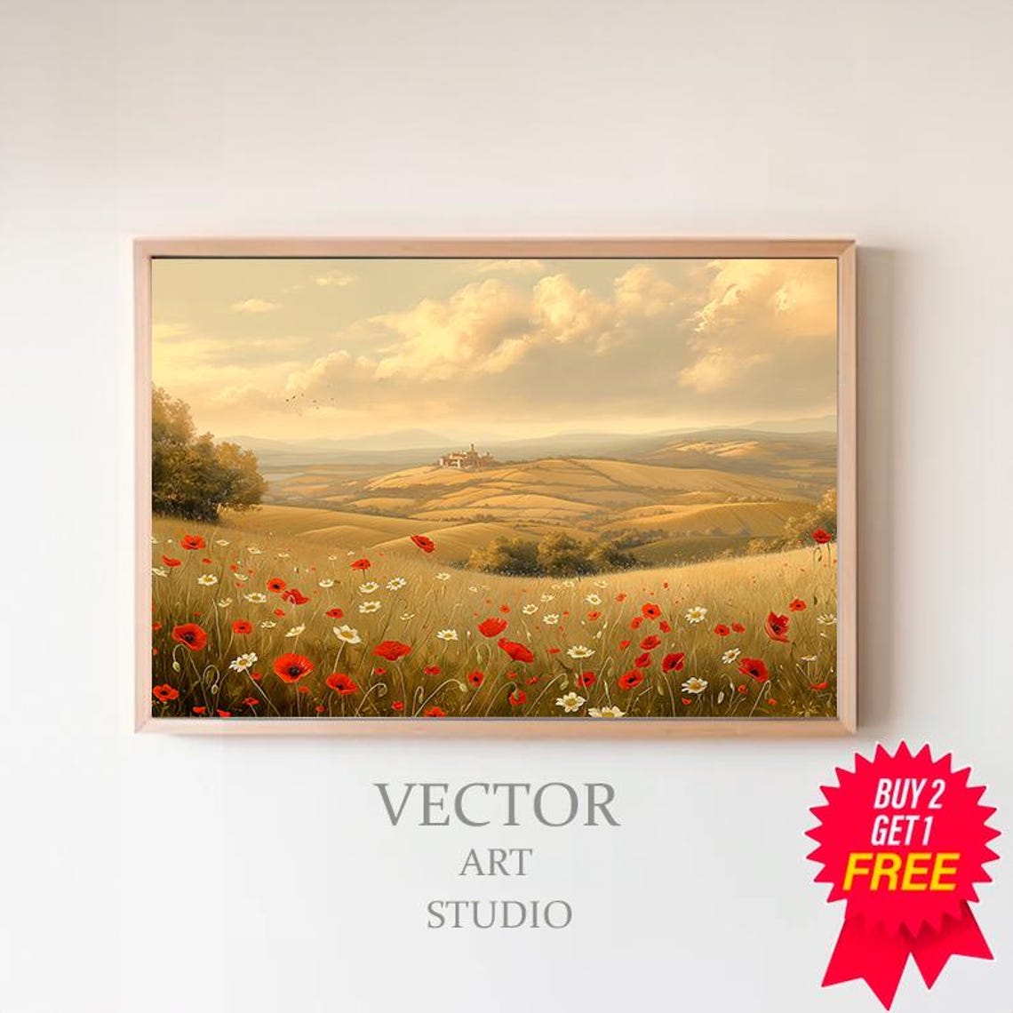 Red Poppy Wheat Field Beneath Tuscan Hills at Golden Hour Poster