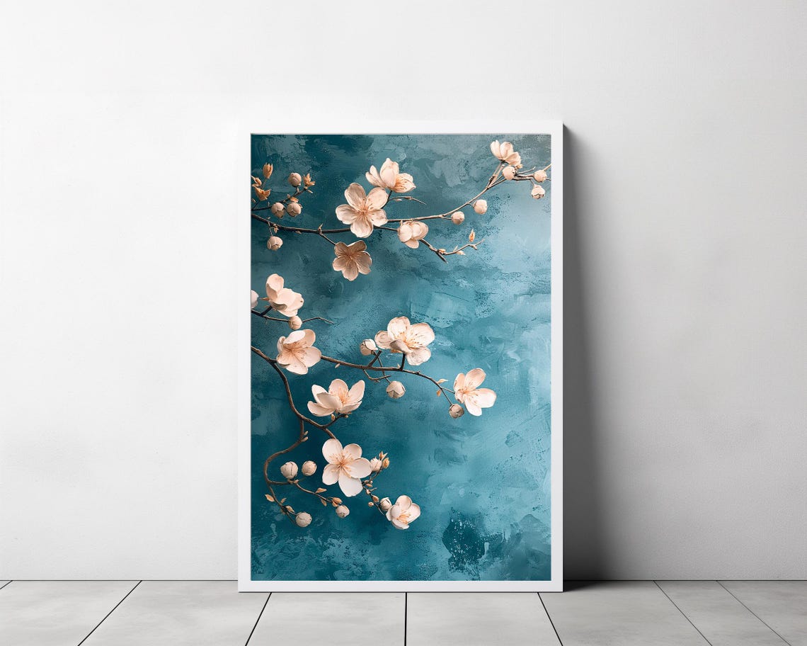 Pink Cherry Blossom Branches on Deep Teal Background Spring Poster - Image 3